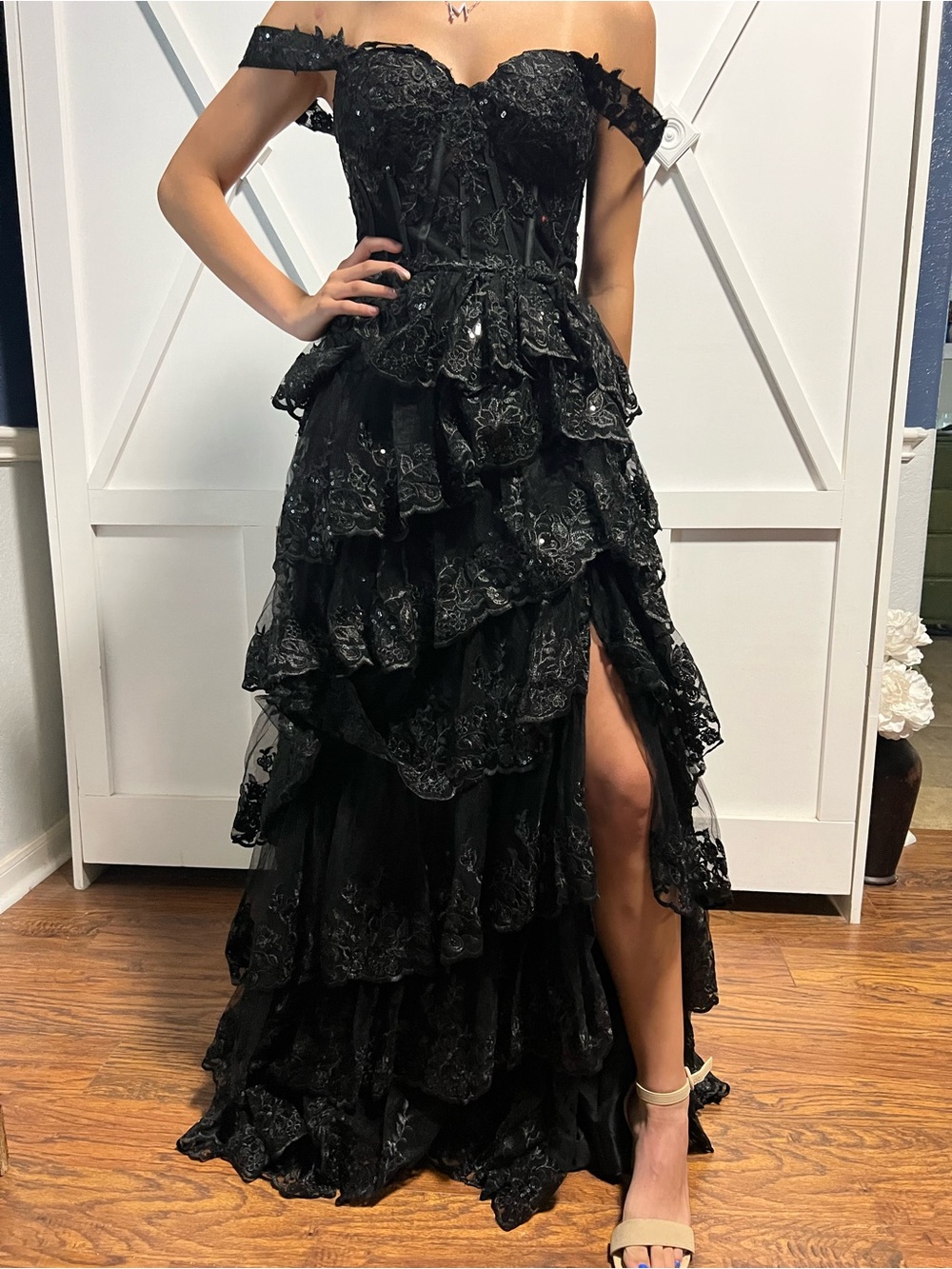 Off-the-Shoulder Black Lace Tiered Prom Gown